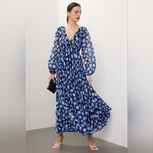 Rtr sz6 ML Monique Lhuillier Melanie Dress floral printed v-neck dark midnight